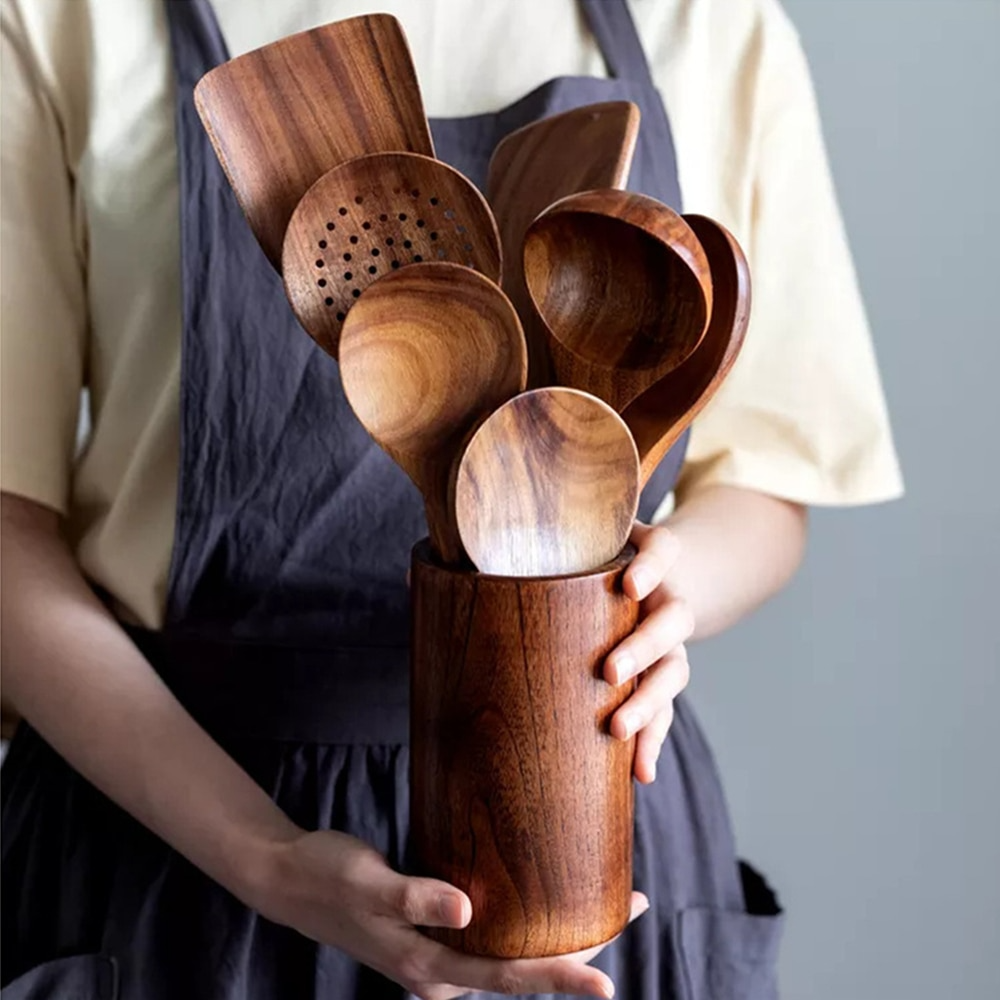 Teak Holz Küchenutensil Set - Holz Kochwerkzeuge für die Küche