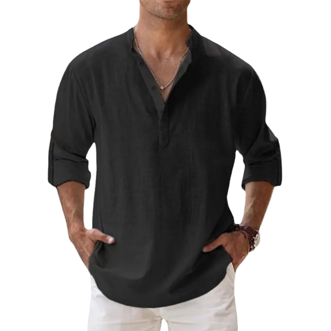 Leinen Baumwoll Henley Hemd - Langarm Freizeithemd
