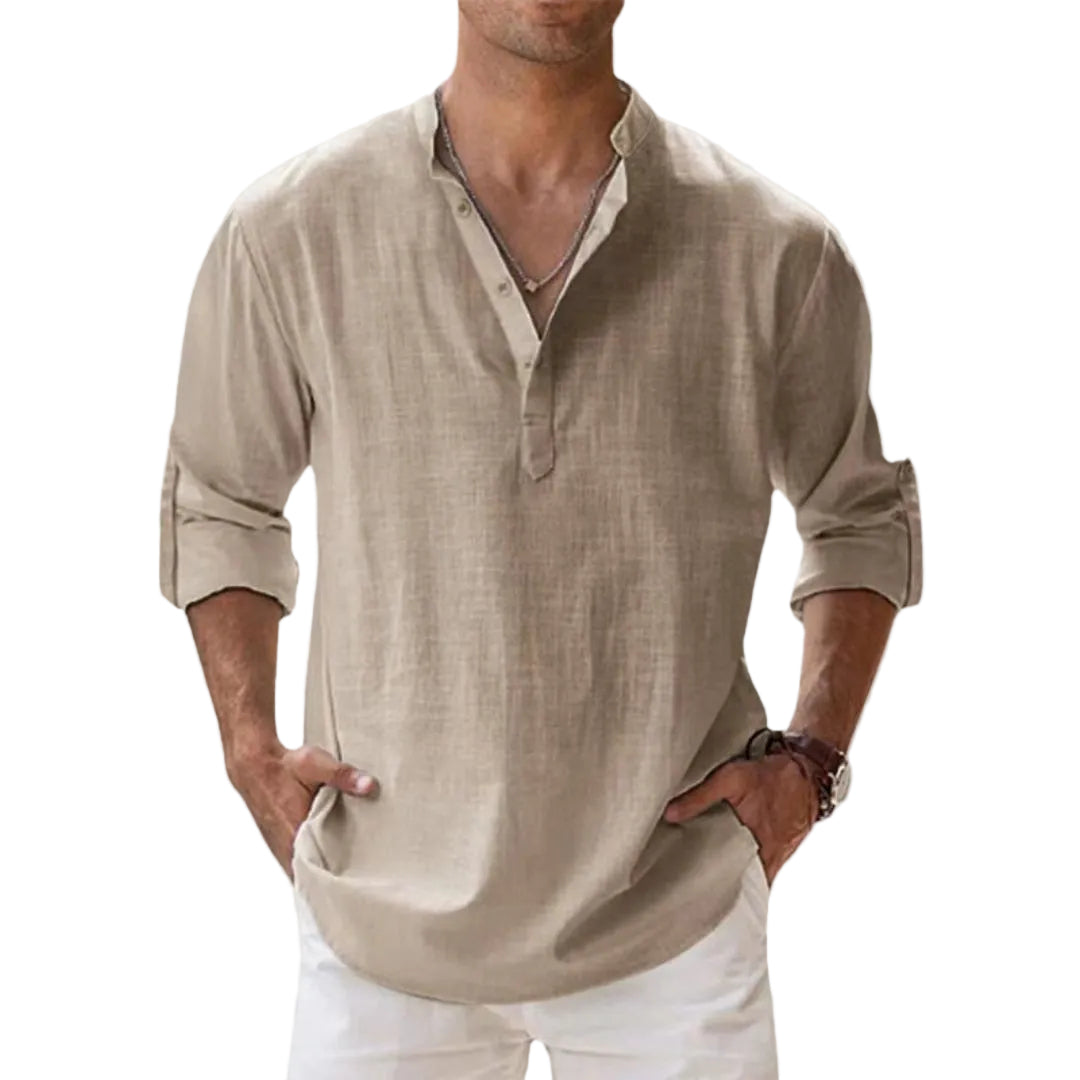 Leinen Baumwoll Henley Hemd - Langarm Freizeithemd