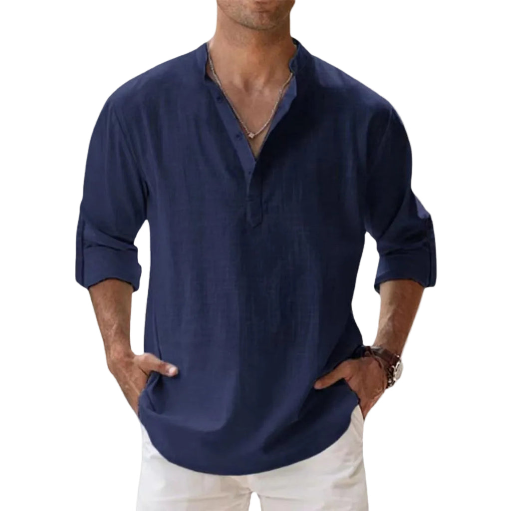 Leinen Baumwoll Henley Hemd - Langarm Freizeithemd