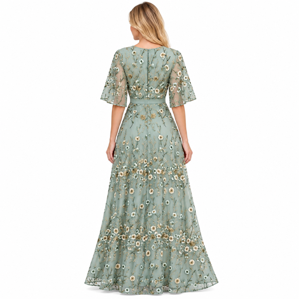 Damen Maxikleid aus Polyester | V-Ausschnitt & A-Linie | Langarm & bedrucktes Design