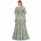 Damen Maxikleid aus Polyester | V-Ausschnitt & A-Linie | Langarm & bedrucktes Design