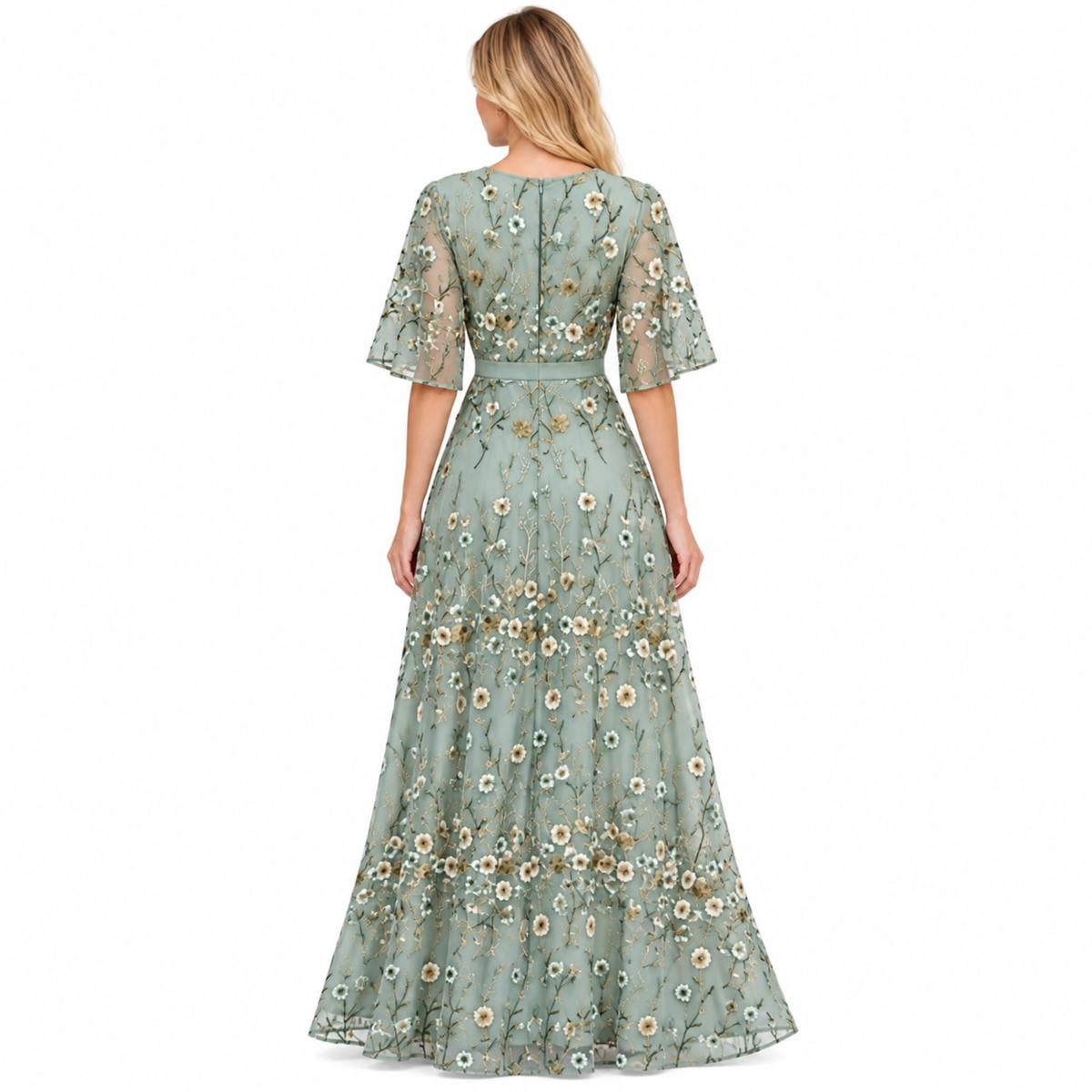 Damen Maxikleid aus Polyester | V-Ausschnitt & A-Linie | Langarm & bedrucktes Design