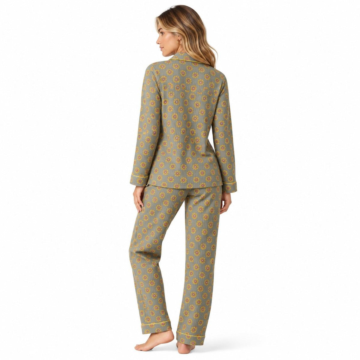 Baumwoll-Nachtwäsche-Set | Baumwolle | Sonnenblumenmuster & Reverskragen