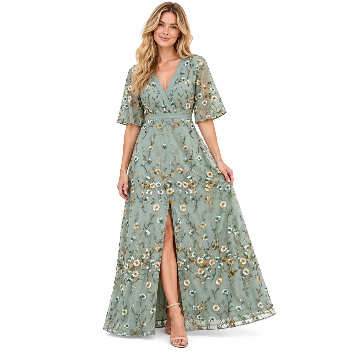 Damen Maxikleid aus Polyester | V-Ausschnitt & A-Linie | Langarm & bedrucktes Design