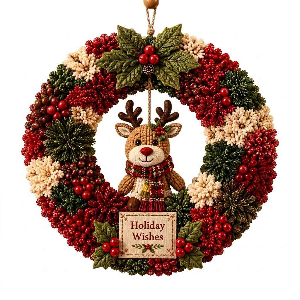 DIY-Weihnachtskranz-Bastelset | 3D-Stoffdesign | Türdekoration mit Weihnachtsmann, Rentier & Schneemann