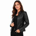 Damen-Bikerjacke aus PU-Leder | Baumwollfutter & Stehkragen | Reißverschluss für den Winter