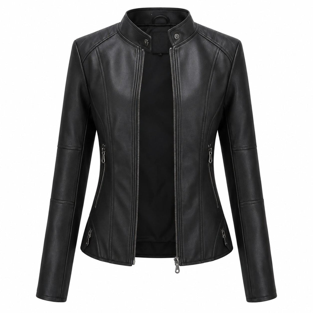 Damen-Bikerjacke aus PU-Leder | Baumwollfutter & Stehkragen | Reißverschluss für den Winter