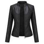 Damen-Bikerjacke aus PU-Leder | Baumwollfutter & Stehkragen | Reißverschluss für den Winter