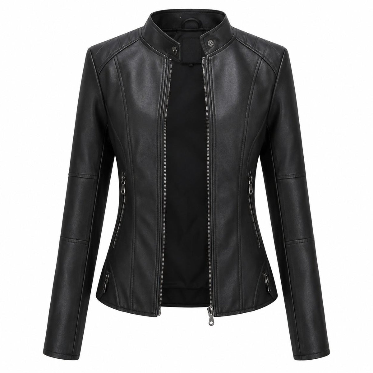 Damen-Bikerjacke aus PU-Leder | Baumwollfutter & Stehkragen | Reißverschluss für den Winter