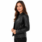 Damen-Bikerjacke aus PU-Leder | Baumwollfutter & Stehkragen | Reißverschluss für den Winter