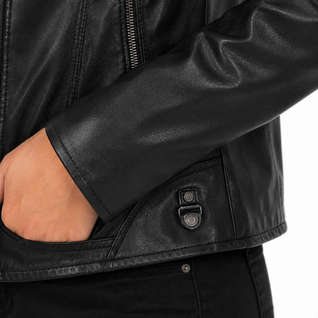 Damen-Bikerjacke aus PU-Leder | Baumwollfutter & Stehkragen | Reißverschluss für den Winter