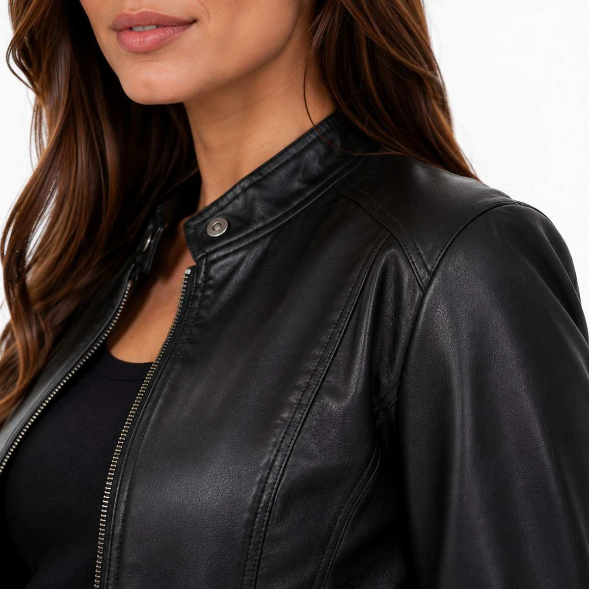 Damen-Bikerjacke aus PU-Leder | Baumwollfutter & Stehkragen | Reißverschluss für den Winter