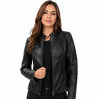 Damen-Bikerjacke aus PU-Leder | Baumwollfutter & Stehkragen | Reißverschluss für den Winter