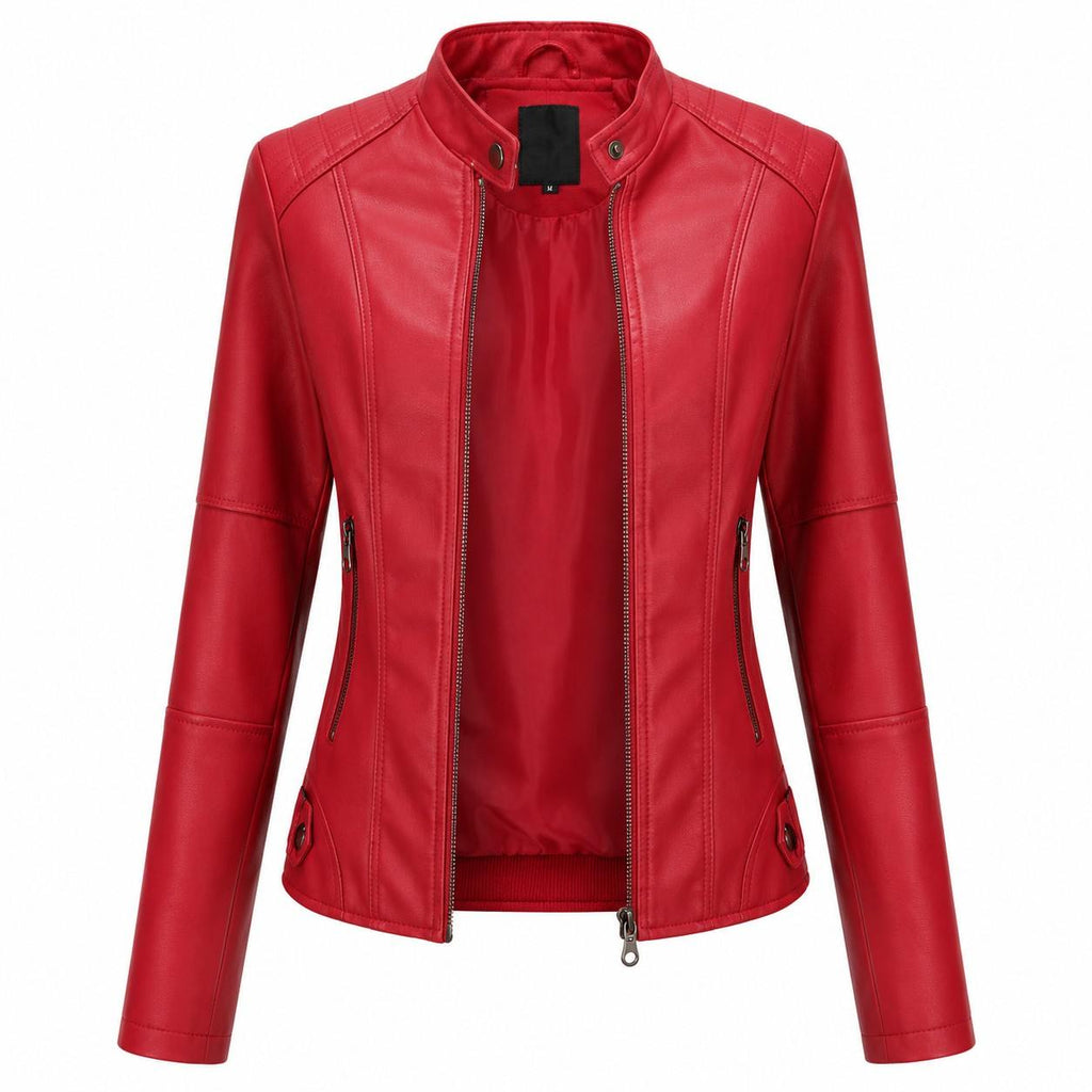 Damen-Bikerjacke aus PU-Leder | Baumwollfutter & Stehkragen | Reißverschluss für den Winter