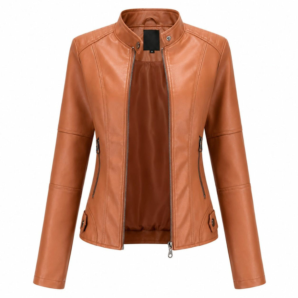 Damen-Bikerjacke aus PU-Leder | Baumwollfutter & Stehkragen | Reißverschluss für den Winter