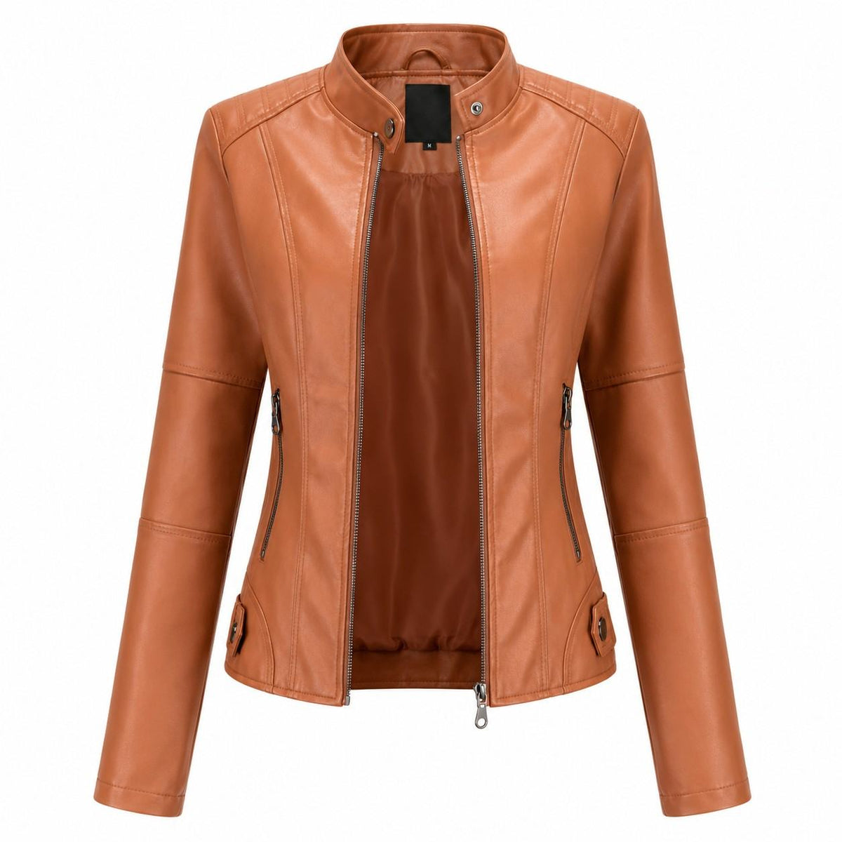 Damen-Bikerjacke aus PU-Leder | Baumwollfutter & Stehkragen | Reißverschluss für den Winter