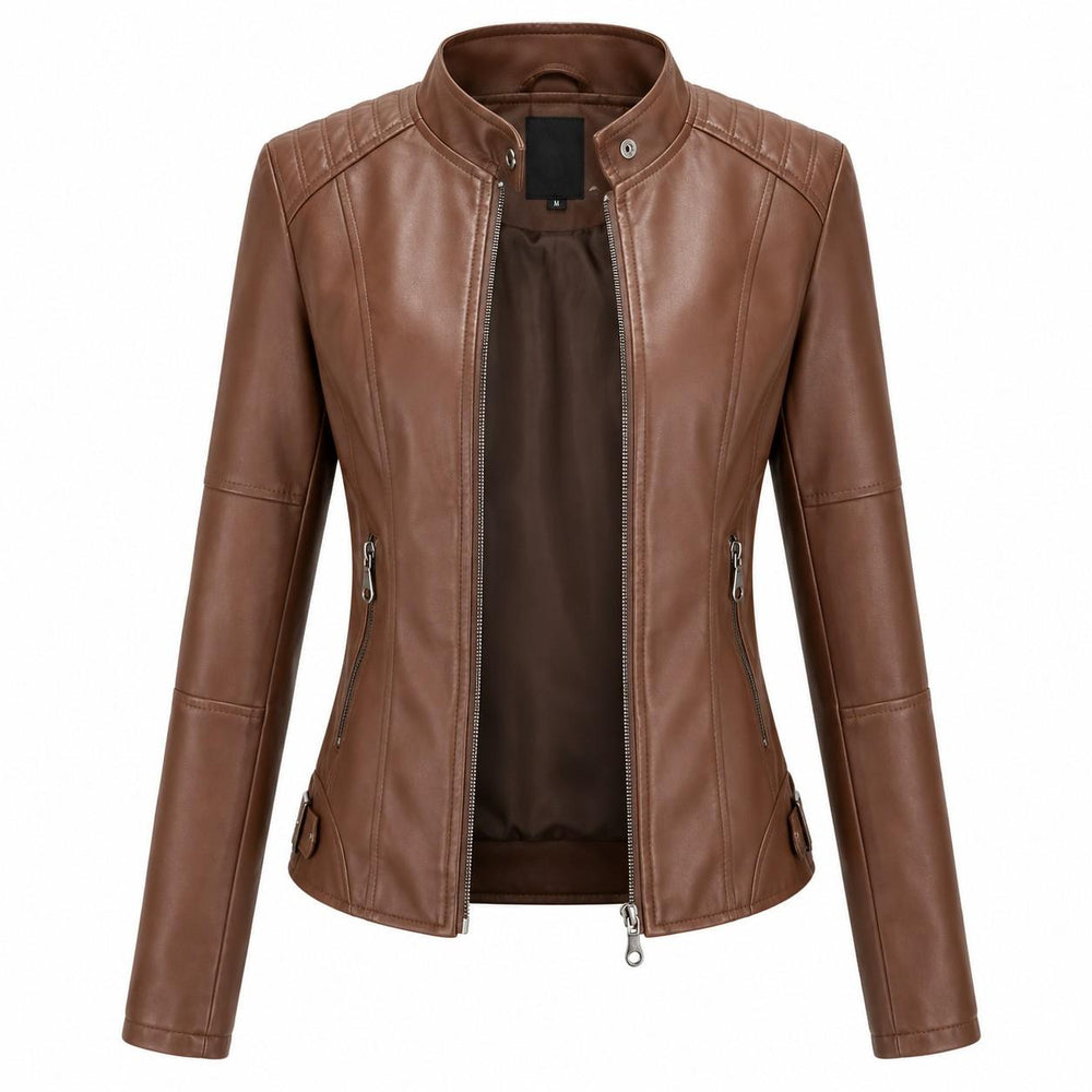 Damen-Bikerjacke aus PU-Leder | Baumwollfutter & Stehkragen | Reißverschluss für den Winter