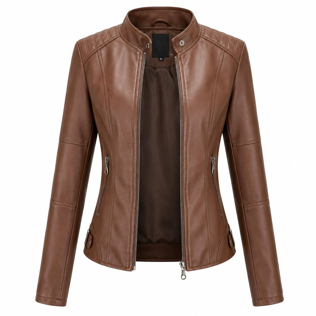 Damen-Bikerjacke aus PU-Leder | Baumwollfutter & Stehkragen | Reißverschluss für den Winter