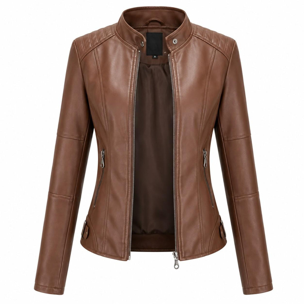 Damen-Bikerjacke aus PU-Leder | Baumwollfutter & Stehkragen | Reißverschluss für den Winter