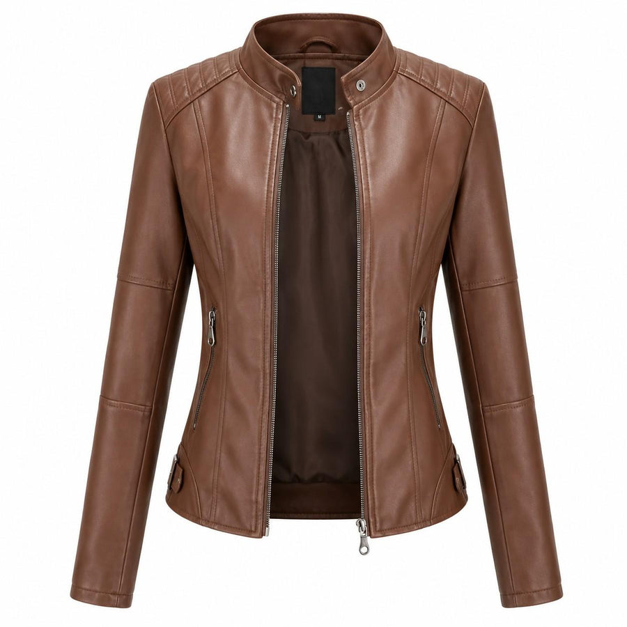 Damen-Bikerjacke aus PU-Leder | Baumwollfutter & Stehkragen | Reißverschluss für den Winter