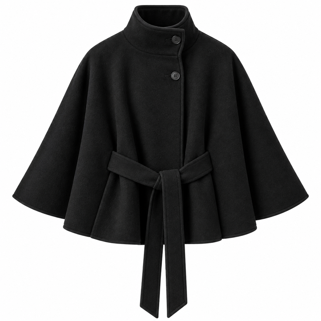 Damen-Cape-Mantel aus Wollmischung | Wolle & Polyester | Hoher Kragen und Bindegürtel