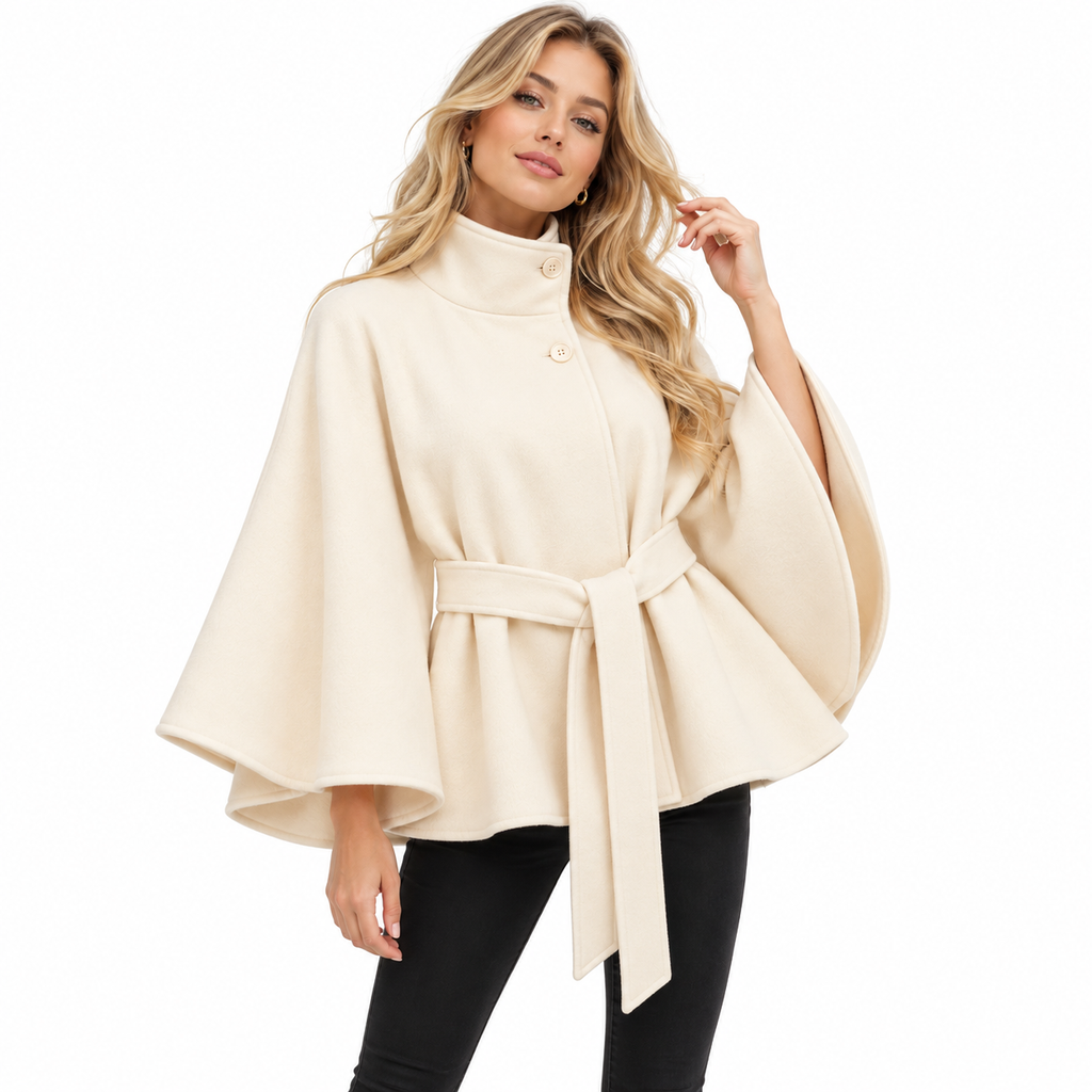 Damen-Cape-Mantel aus Wollmischung | Wolle & Polyester | Hoher Kragen und Bindegürtel