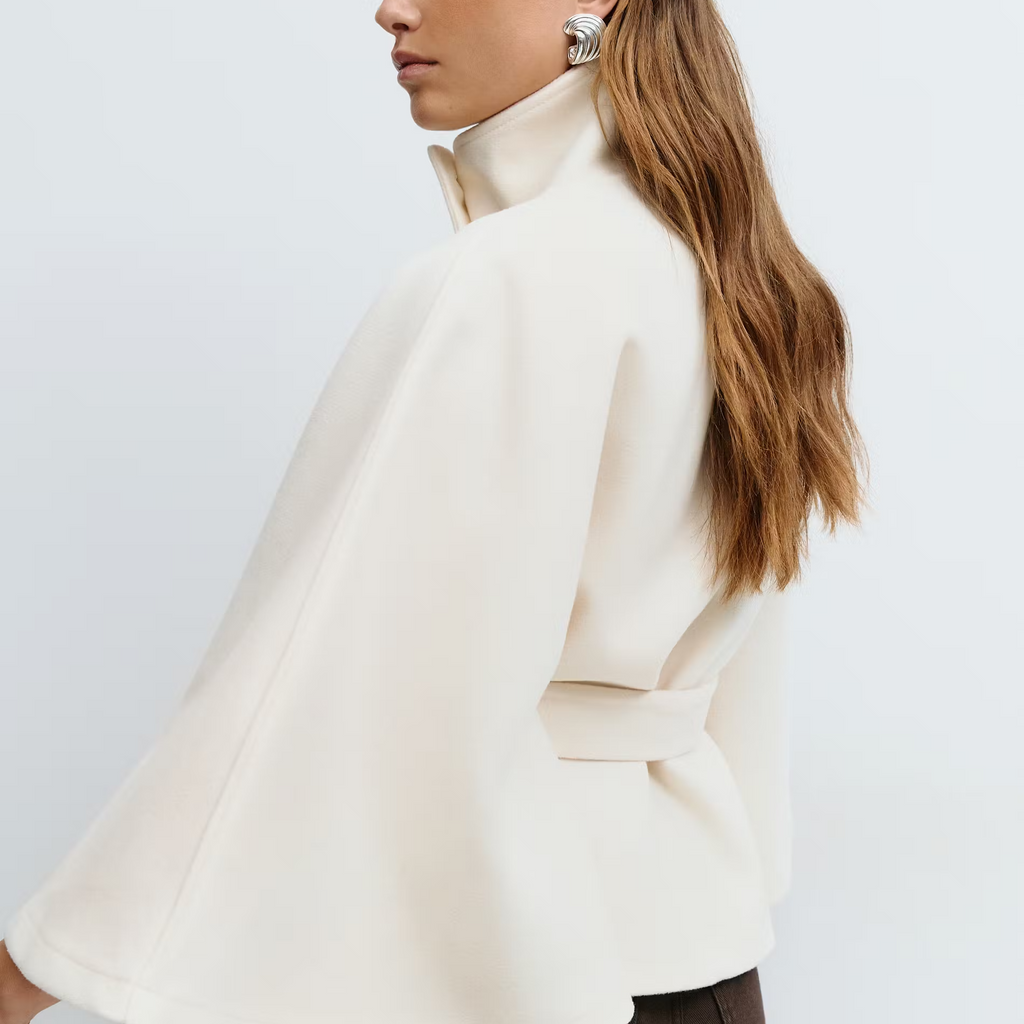 Damen-Cape-Mantel aus Wollmischung | Wolle & Polyester | Hoher Kragen und Bindegürtel
