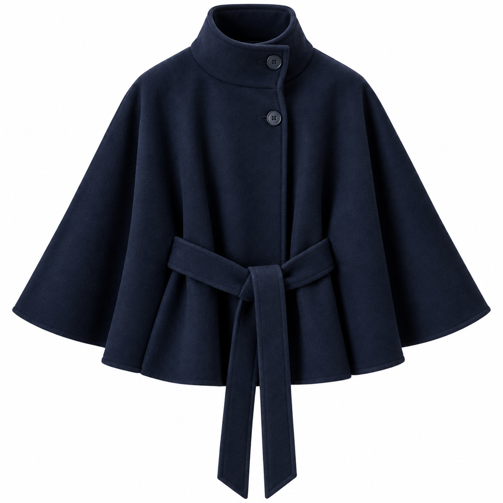 Damen-Cape-Mantel aus Wollmischung | Wolle & Polyester | Hoher Kragen und Bindegürtel