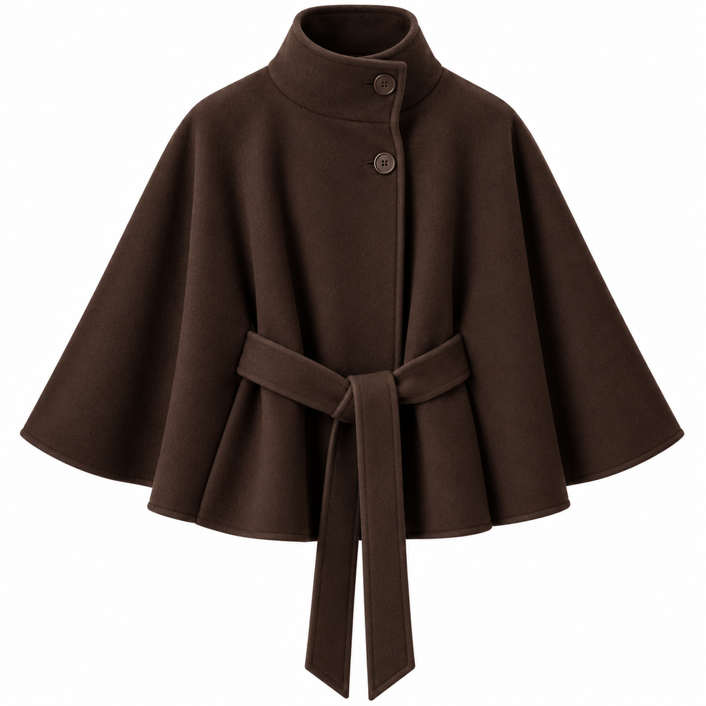 Damen-Cape-Mantel aus Wollmischung | Wolle & Polyester | Hoher Kragen und Bindegürtel