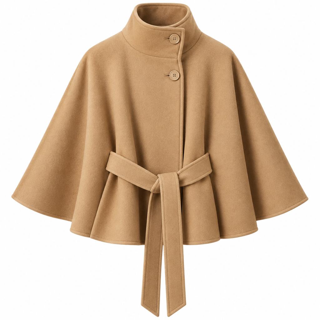 Damen-Cape-Mantel aus Wollmischung | Wolle & Polyester | Hoher Kragen und Bindegürtel