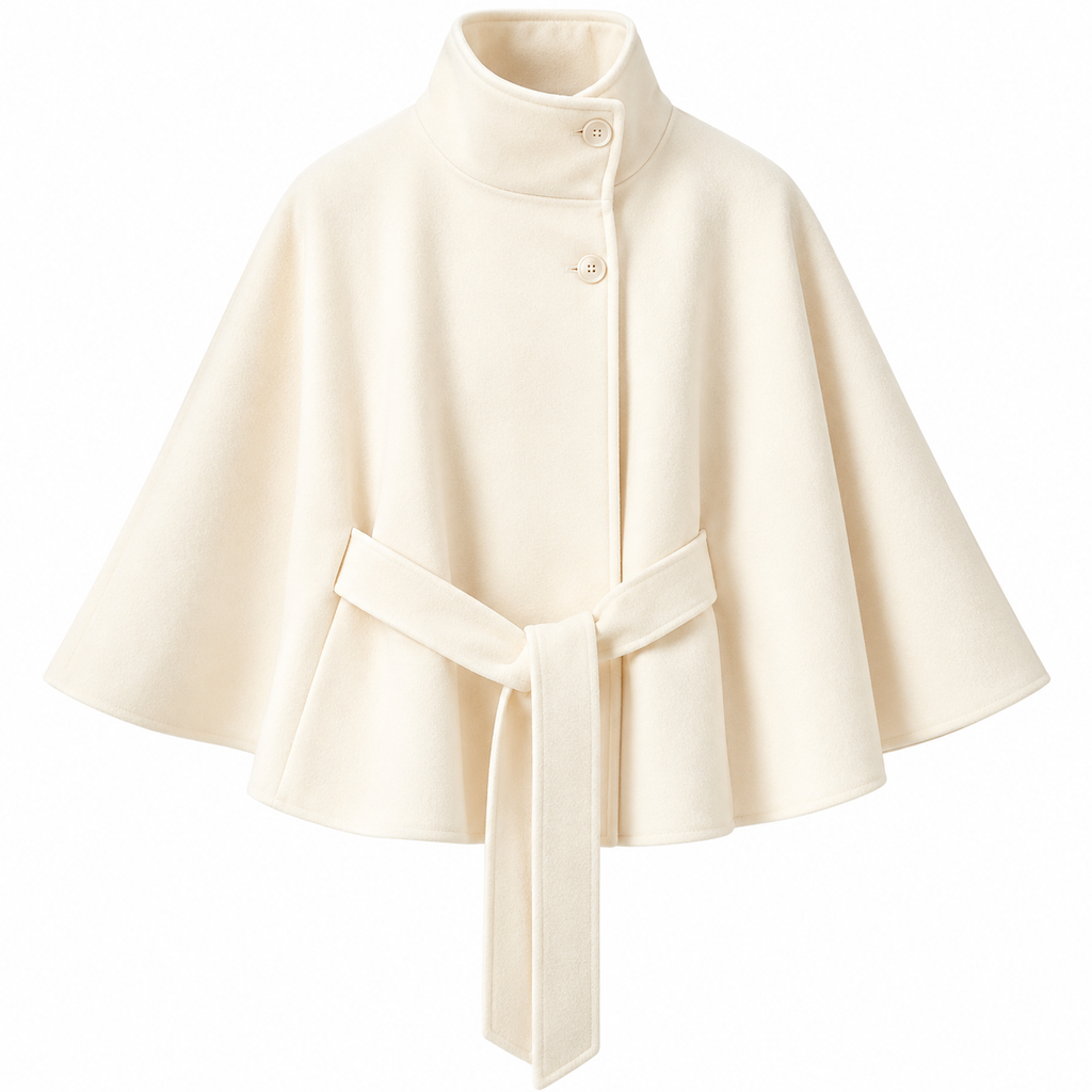 Damen-Cape-Mantel aus Wollmischung | Wolle & Polyester | Hoher Kragen und Bindegürtel