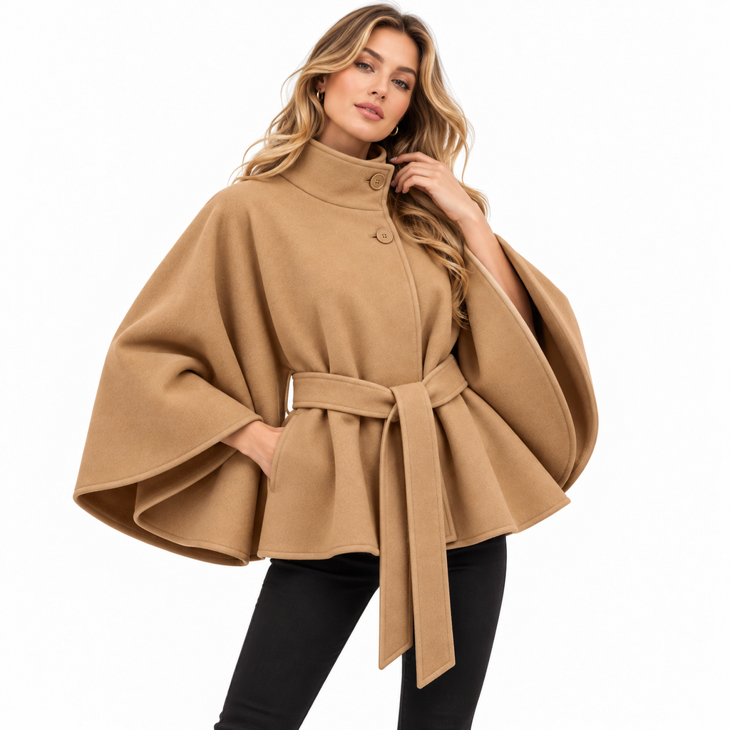 Damen-Cape-Mantel aus Wollmischung | Wolle & Polyester | Hoher Kragen und Bindegürtel