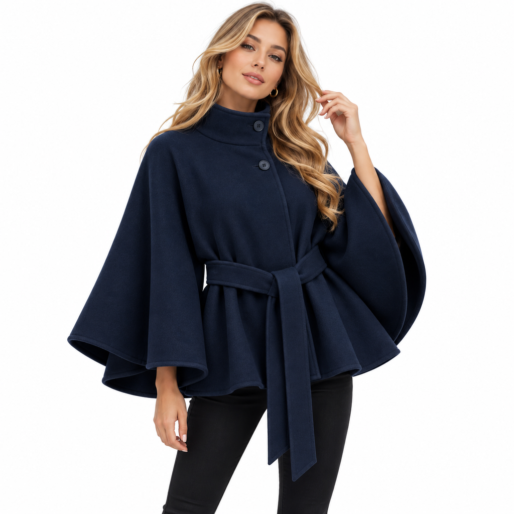 Damen-Cape-Mantel aus Wollmischung | Wolle & Polyester | Hoher Kragen und Bindegürtel
