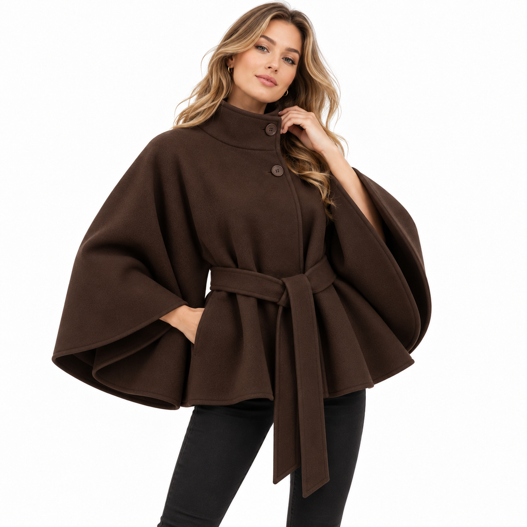 Damen-Cape-Mantel aus Wollmischung | Wolle & Polyester | Hoher Kragen und Bindegürtel