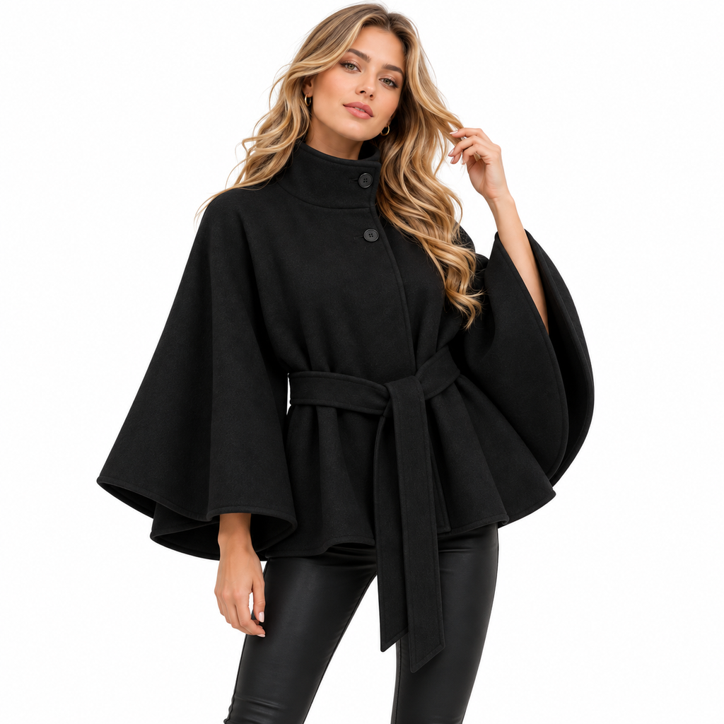 Damen-Cape-Mantel aus Wollmischung | Wolle & Polyester | Hoher Kragen und Bindegürtel