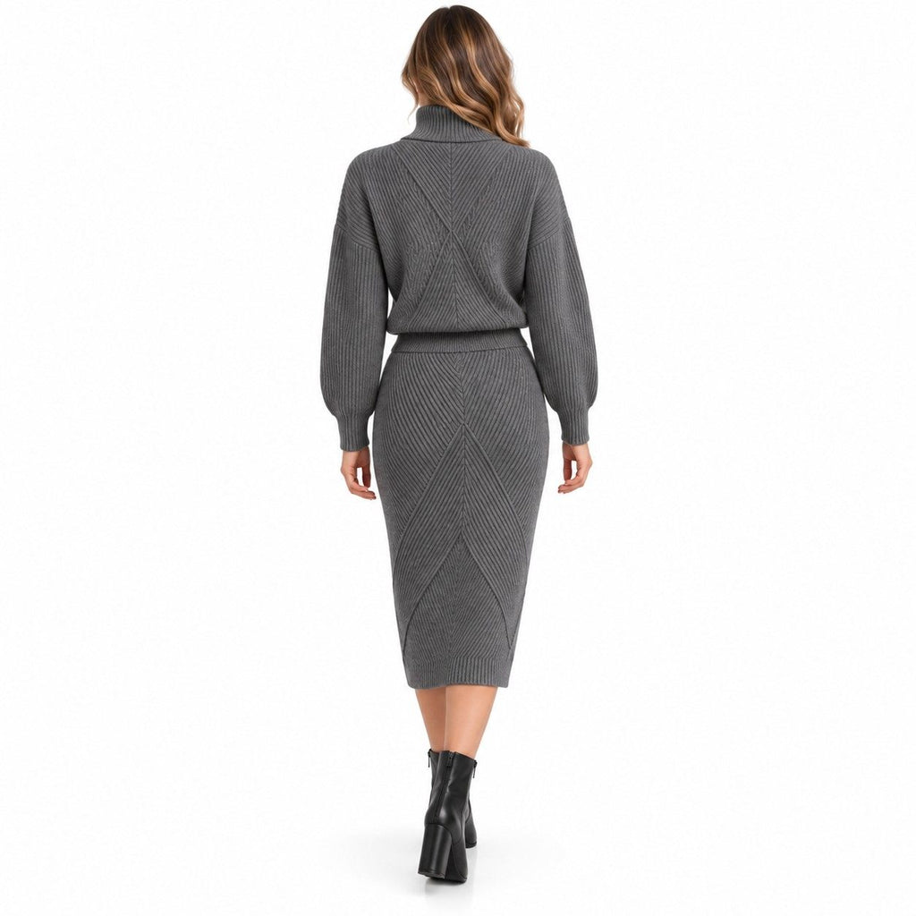 Damen-Strickensemble aus Baumwollmischung | Pullover mit hohem Polokragen | Zweiteiliges Set mit passender Hose