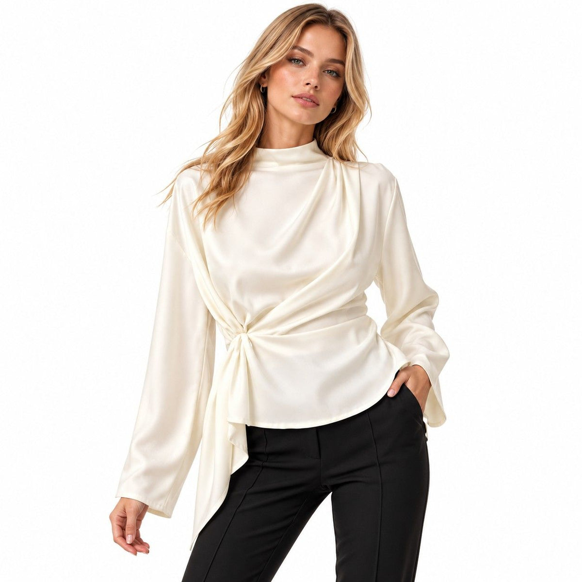 Damen Chiffonbluse | Polyester-Chiffon | Stehkragen, Glockenärmel & Plisseefalten
