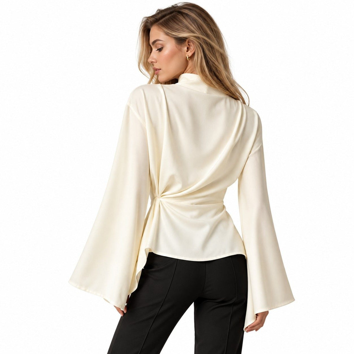 Damen Chiffonbluse | Polyester-Chiffon | Stehkragen, Glockenärmel & Plisseefalten