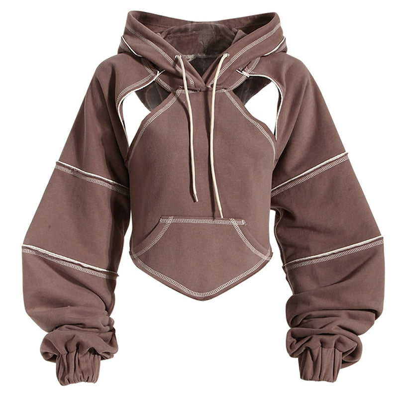 Damen Cropped Hoodie | Asymmetrisches Design & Kontrastnähte | Ballonärmel