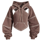 Damen Cropped Hoodie | Asymmetrisches Design & Kontrastnähte | Ballonärmel