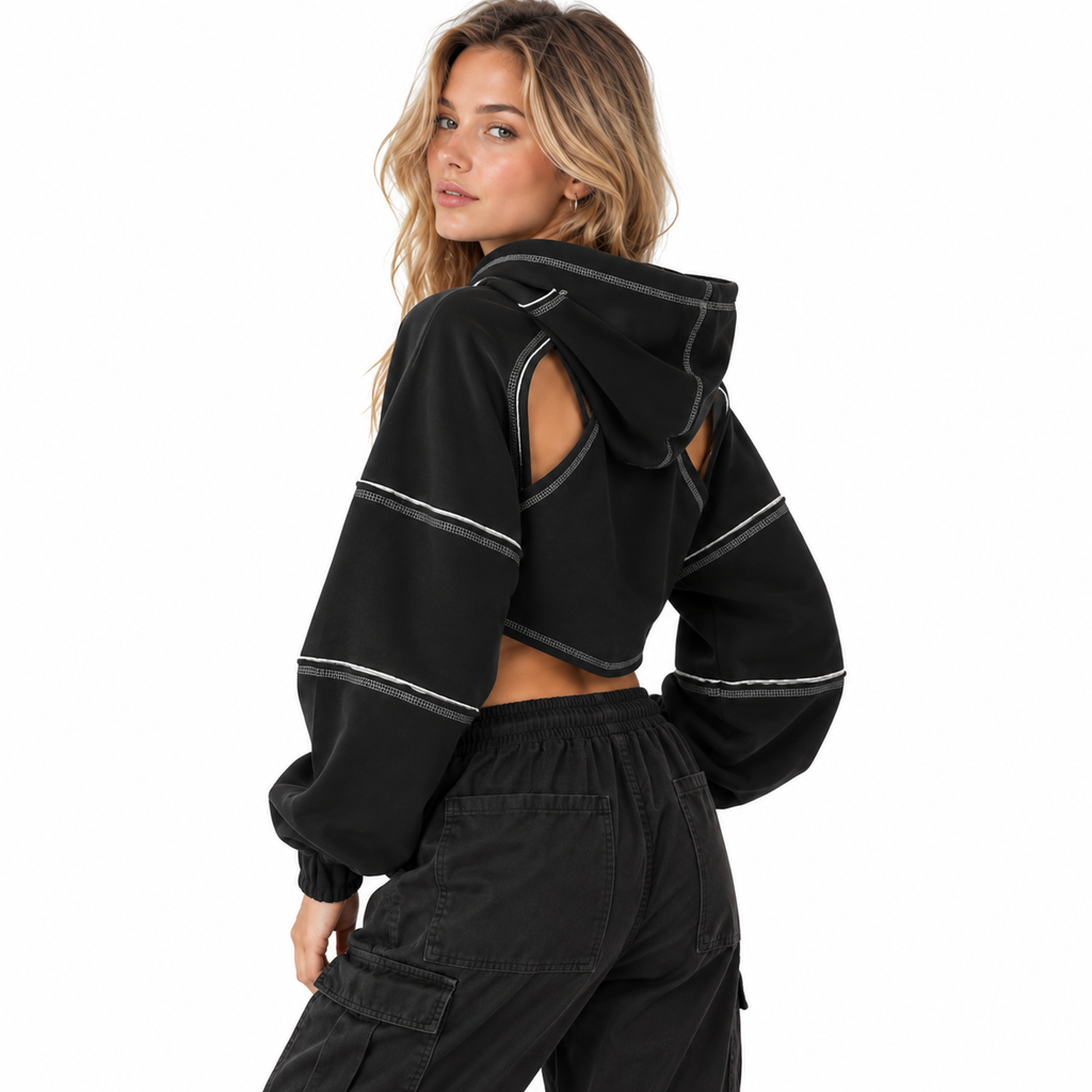 Damen Cropped Hoodie | Asymmetrisches Design & Kontrastnähte | Ballonärmel
