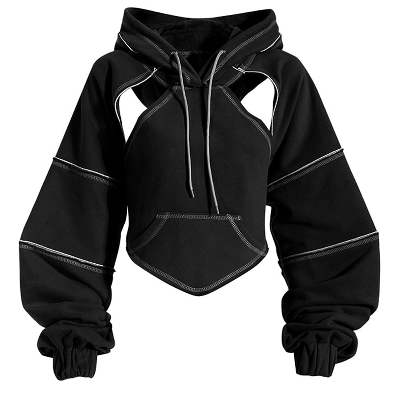 Damen Cropped Hoodie | Asymmetrisches Design & Kontrastnähte | Ballonärmel