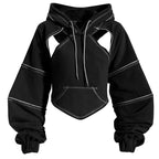 Damen Cropped Hoodie | Asymmetrisches Design & Kontrastnähte | Ballonärmel