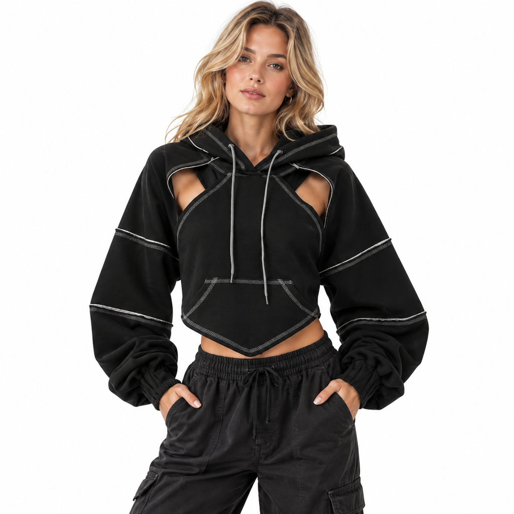 Damen Cropped Hoodie | Asymmetrisches Design & Kontrastnähte | Ballonärmel