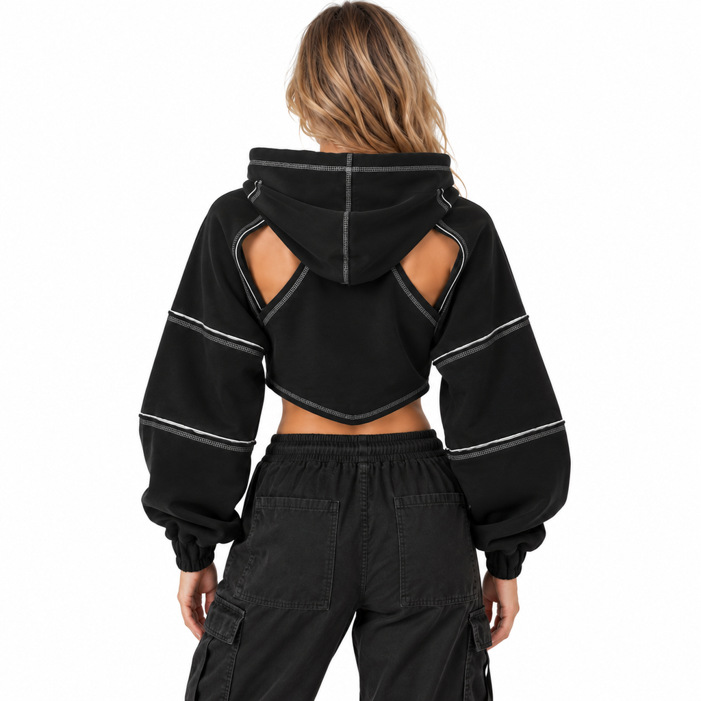Damen Cropped Hoodie | Asymmetrisches Design & Kontrastnähte | Ballonärmel