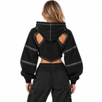 Damen Cropped Hoodie | Asymmetrisches Design & Kontrastnähte | Ballonärmel