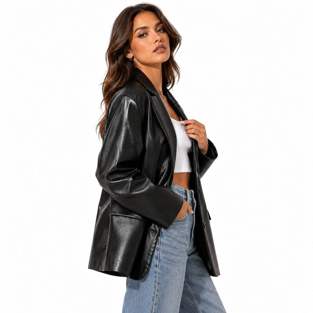 Damen Lederblazer | Reverskragen & Ein-Knopf-Verschluss | Lockere Passform