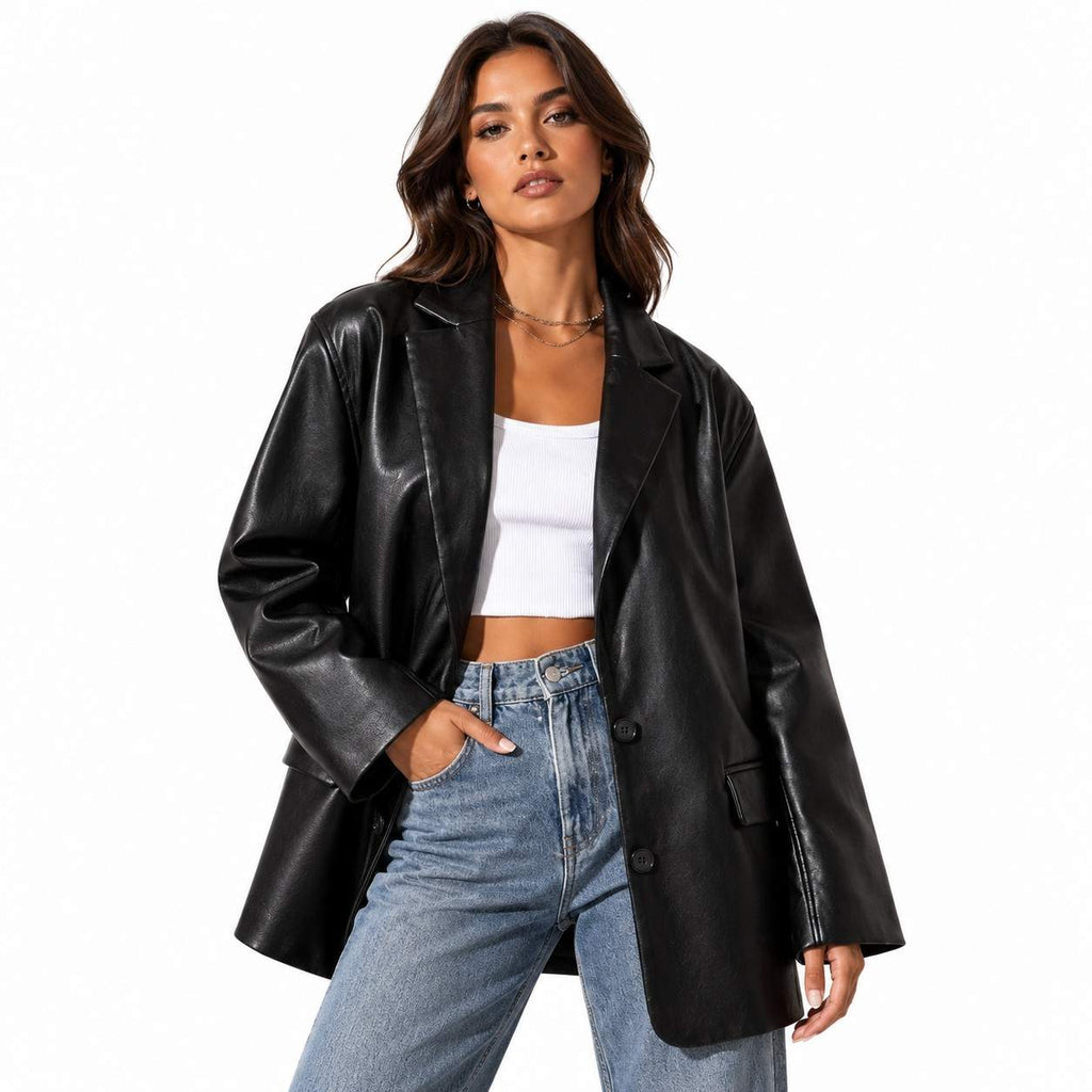 Damen Lederblazer | Reverskragen & Ein-Knopf-Verschluss | Lockere Passform