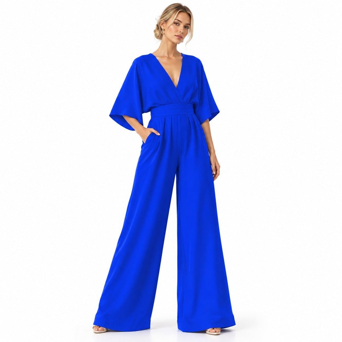 Damen Mousseline-Jumpsuit | Hohe Taille & Weites Bein | Langes Einfarbiges Design